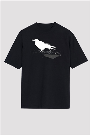 Karga Baskılı Unisex Siyah Oversize Tişört - Tshirt