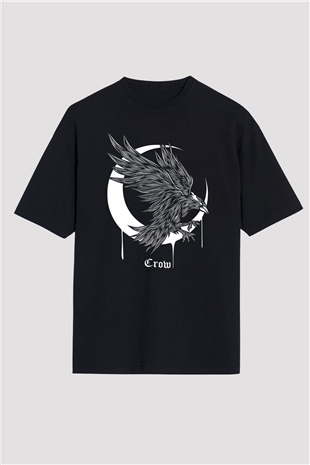Karga Baskılı Unisex Siyah Oversize Tişört - Tshirt