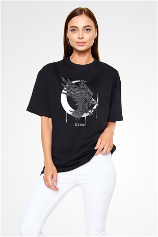 Karga Baskılı Unisex Siyah Oversize Tişört - Tshirt