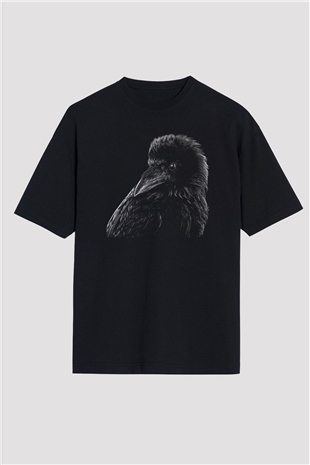 Karga Baskılı Unisex Siyah Oversize Tişört - Tshirt