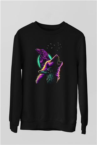 Karga Baskılı Unisex Siyah Sweatshirt
