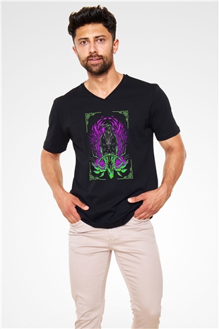Karga Baskılı Unisex Siyah V Yaka Tişört - Tshirt