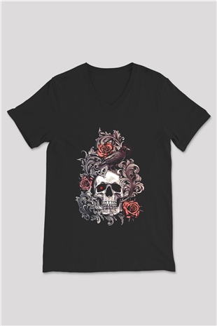 Karga Baskılı Unisex Siyah V Yaka Tişört - Tshirt