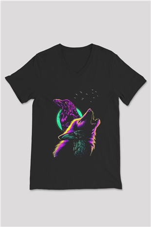 Karga Baskılı Unisex Siyah V Yaka Tişört - Tshirt