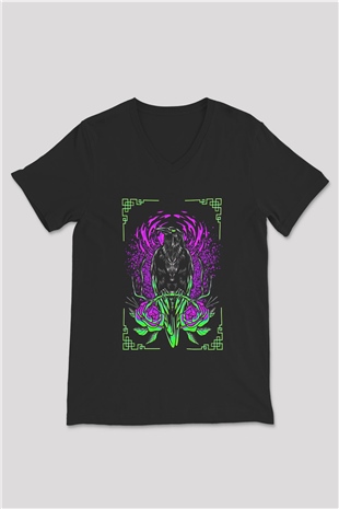 Karga Baskılı Unisex Siyah V Yaka Tişört - Tshirt