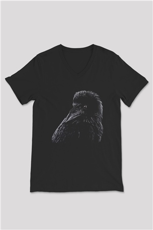 Karga Baskılı Unisex Siyah V Yaka Tişört - Tshirt