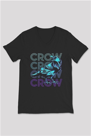 Karga Baskılı Unisex Siyah V Yaka Tişört - Tshirt