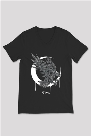 Karga Baskılı Unisex Siyah V Yaka Tişört - Tshirt