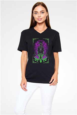 Karga Baskılı Unisex Siyah V Yaka Tişört - Tshirt