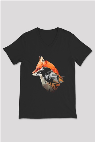 Karga Baskılı Unisex Siyah V Yaka Tişört - Tshirt