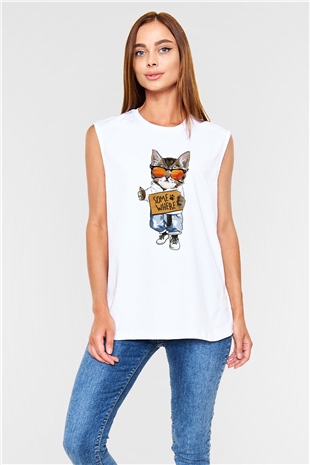 Karizmatik Kedi Baskılı Unisex Beyaz  Kolsuz Tişört