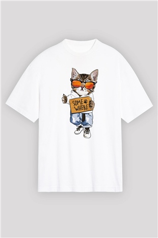 Karizmatik Kedi Baskılı Oversize Beyaz Tshirt