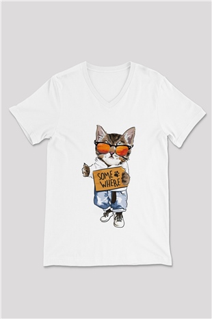 Karizmatik Kedi Baskılı Unisex Beyaz  V Yaka Tişört