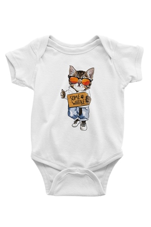 Karizmatik Kedi BaskılıBeyaz Tshirt Bebek Body - Zıbın