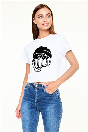 Karma dövüş sanatları Beyaz Croptop Tişört