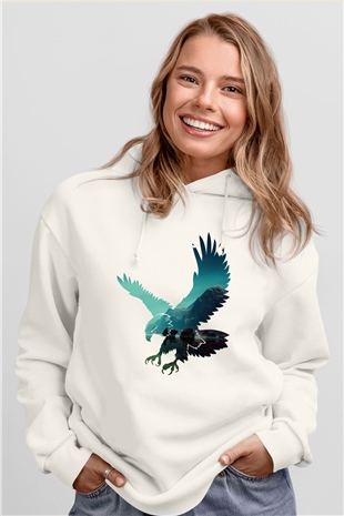 Kartal Beyaz Unisex Kapşonlu Sweatshirt