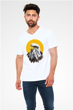 Kartal Beyaz Unisex V Yaka Tişört