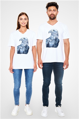 Kartal Beyaz Unisex V Yaka Tişört