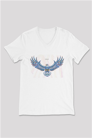 Kartal Beyaz Unisex V Yaka Tişört