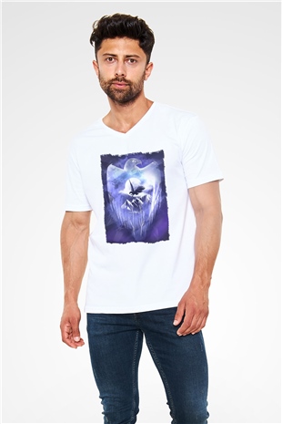 Kartal Beyaz Unisex V Yaka Tişört