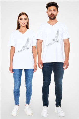 Kartal Beyaz Unisex V Yaka Tişört