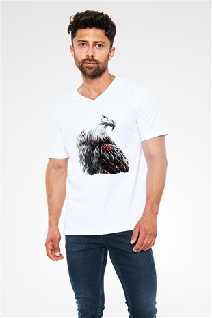 Kartal Beyaz Unisex V Yaka Tişört