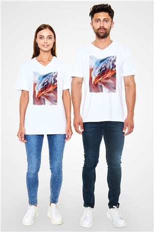 Kartal Beyaz Unisex V Yaka Tişört