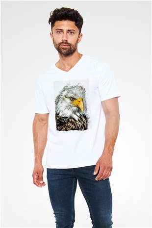 Kartal Beyaz Unisex V Yaka Tişört