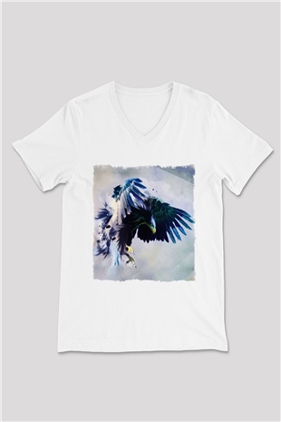 Kartal Beyaz Unisex V Yaka Tişört