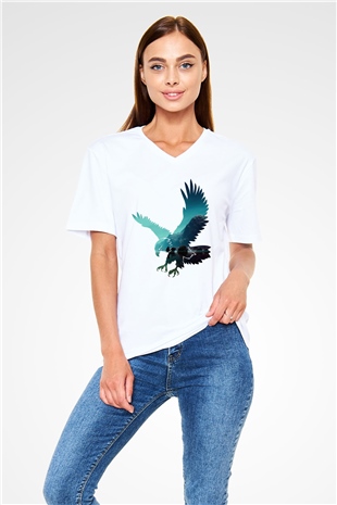 Kartal Beyaz Unisex V Yaka Tişört T-Shirt