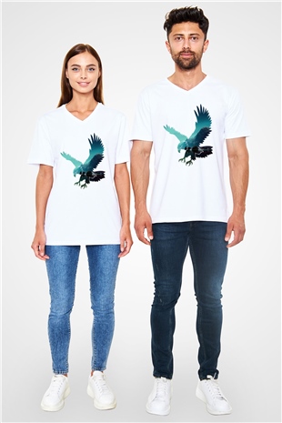 Kartal Beyaz Unisex V Yaka Tişört T-Shirt