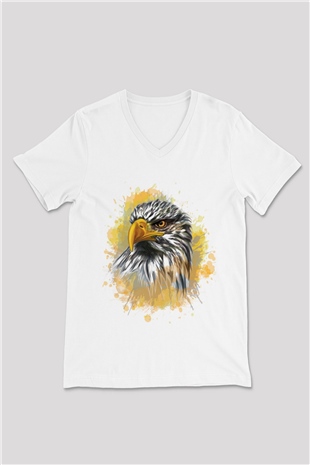 Kartal Beyaz Unisex V Yaka Tişört T-Shirt