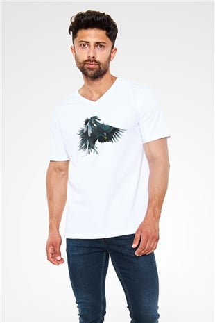 Kartal Beyaz Unisex V Yaka Tişört T-Shirt