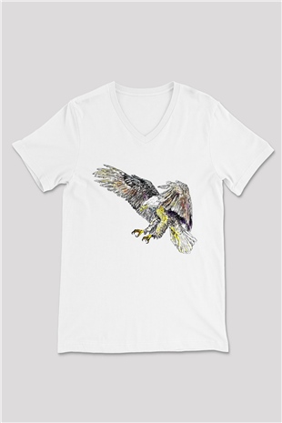 Kartal Beyaz Unisex V Yaka Tişört T-Shirt