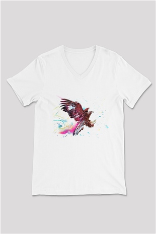 Kartal Beyaz Unisex V Yaka Tişört T-Shirt