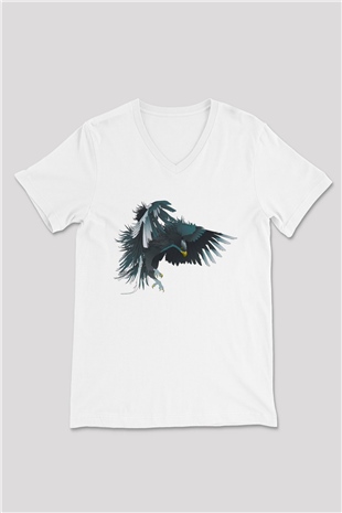 Kartal Beyaz Unisex V Yaka Tişört T-Shirt