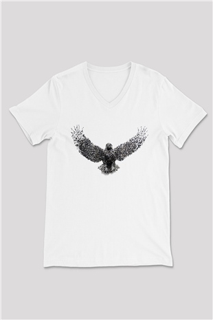 Kartal Beyaz Unisex V Yaka Tişört T-Shirt