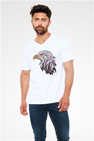Kartal Beyaz Unisex V Yaka Tişört T-Shirt