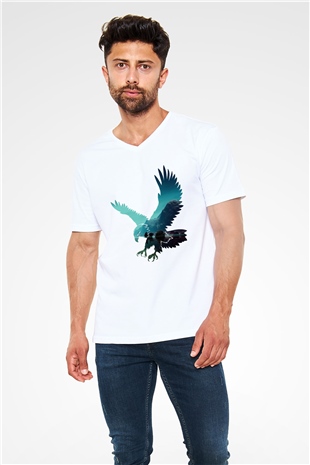 Kartal Beyaz Unisex V Yaka Tişört T-Shirt
