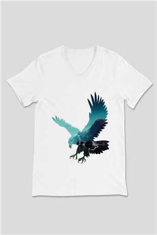 Kartal Beyaz Unisex V Yaka Tişört T-Shirt