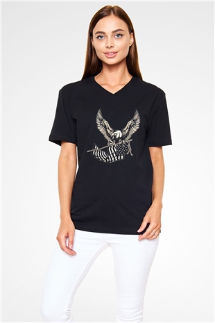 Kartal Siyah Unisex V Yaka Tişört T-Shirt