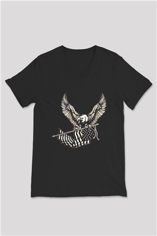 Kartal Siyah Unisex V Yaka Tişört T-Shirt