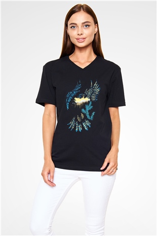 Kartal Siyah Unisex V Yaka Tişört T-Shirt