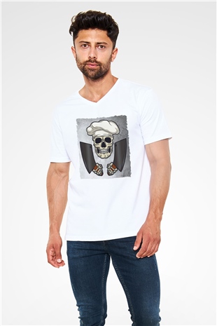 Kasap Beyaz Unisex V Yaka Tişört