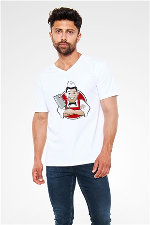 Kasap Beyaz Unisex V Yaka Tişört T-Shirt