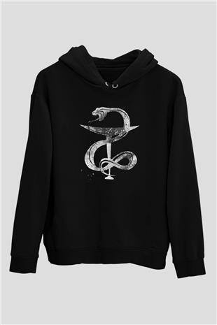 Kasede Hygieia Baskılı Unisex Siyah Kapüşonlu Sweatshirt