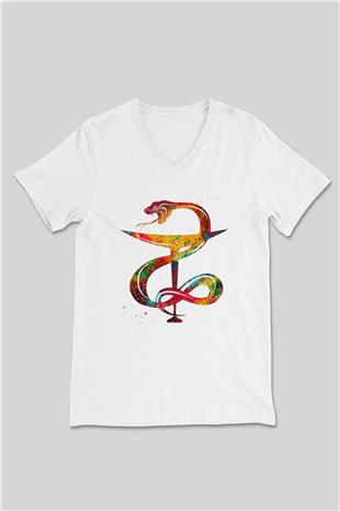 Kasede Hygieia Baskılı Unisex V Yaka Beyaz Tişört - Tshirt