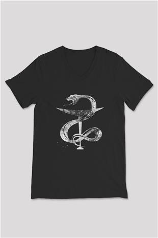 Kasede Hygieia Baskılı Unisex V Yaka Siyah Tİşört - Tshirt