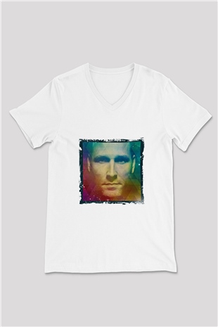 Kaskade Baskılı Beyaz V Yaka Unisex Tişört