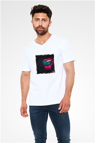 Kaskade Baskılı Beyaz V Yaka Unisex Tişört